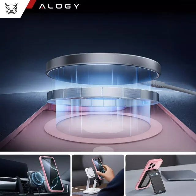 Sada 3v1 hybridních skleněných pouzder pro Apple iPhone 16 Pro Max, ochranné pouzdro Hybrid MagSafe s ochranou čočky, 2x tvrzené skleněné pouzdro na telefon Alogy 3v1, růžové