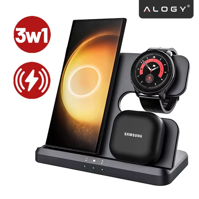 Bezdrátová indukční nabíječka 3v1 Qi 3.0 Fast pro Samsung S22 S23 S24 Galaxy Watch Buds Station černá