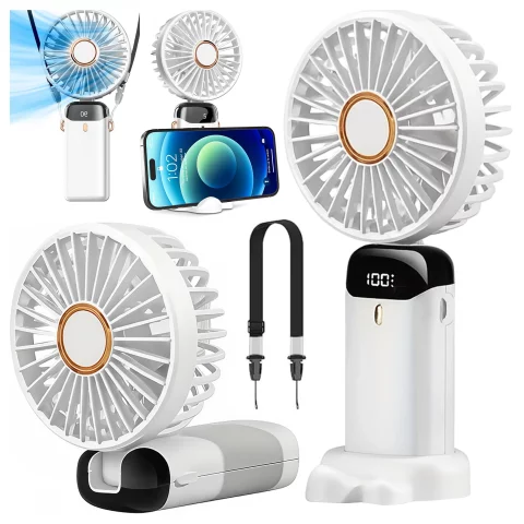 Alogy CoolBreeze™ Cordless Portable Desktop Handheld Fan with Phone Holder, USB-C Charging, 18650 Battery – White