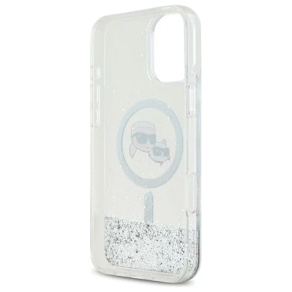 Etui Karl Lagerfeld do iPhone 16 Plus 6.7" Magsafe Hardcase Transparent Liquid Glitter Karl&Choupette Head