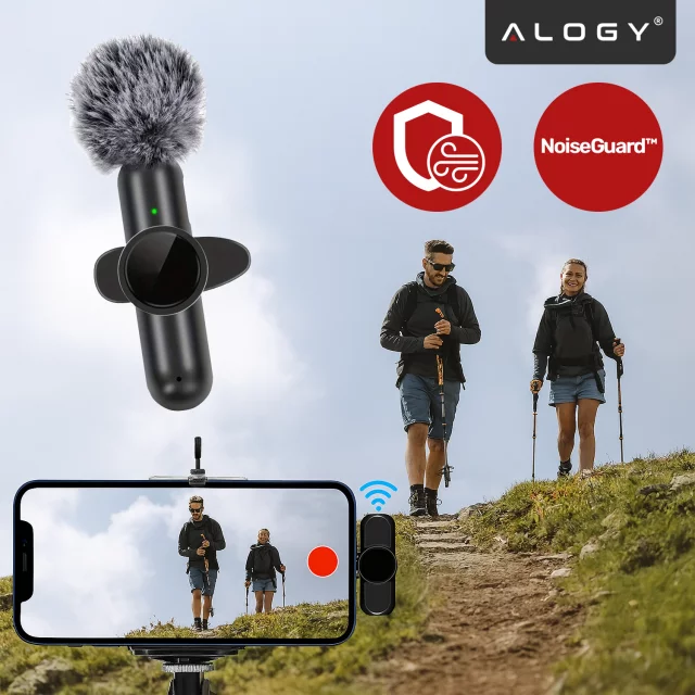 Wireless Microphone 2x Set - Lightning to iPhone, Noise Cancelling, Lightweight Design, Range Up to 20 Meters - 2x Lapel Microphone with Fur Cover, Phone Receiver - Alogy DualVoice™ Black