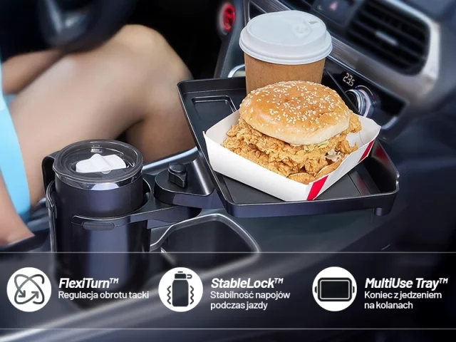 Uchwyt Samochodowy na Kubek i Butelkę Telefon z Obrotowym Stoliczkiem 360°, Mobilny Organizer 2w1, Alogy MultiUse Tray™ – Czarny