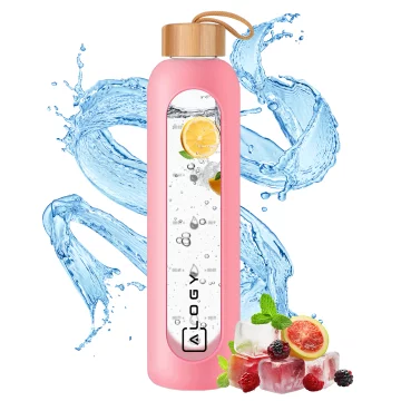 Alogy Large Glass Bottle Drinking Bottle Motivational Measuring Cup 1l 1000ml Silicone Case Pink