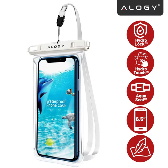 Etui Wodoodporne Uniwersalne IPX8 do Telefonów do 6.5", Wodoszczelna Ochrona na Plażę, Basen i Kajak, Dotykowy Front i Pasek na Szyję, Alogy HydroShield™ – Białe