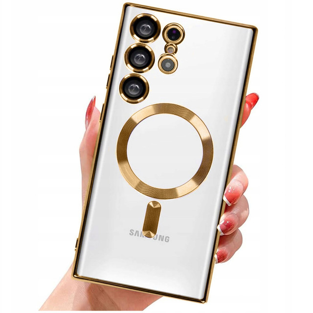 Hülle für Samsung Galaxy S24 Ultra Mag Safe Glamour Case Ringgehäuse Kameraschutz Alogy Gold Klarglas