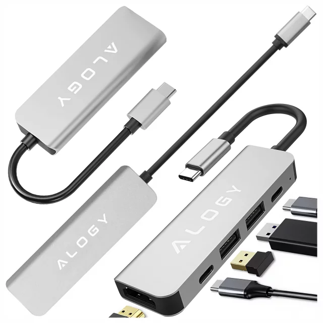 Hub 5w1 USB-C do USB-C PD100W, USB-C, USB.A 2.0, USB.A 3.0, HDMI 4K 30Hz / 1080p 60Hz – Alogy MultiHub™ Do Notebooka Laptopa