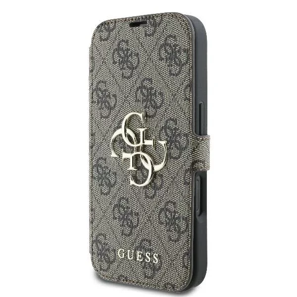 Guess 4G Metall-Logo-Schutzhülle für iPhone 16 (6,1 Zoll) – Braun, mit Standfunktion