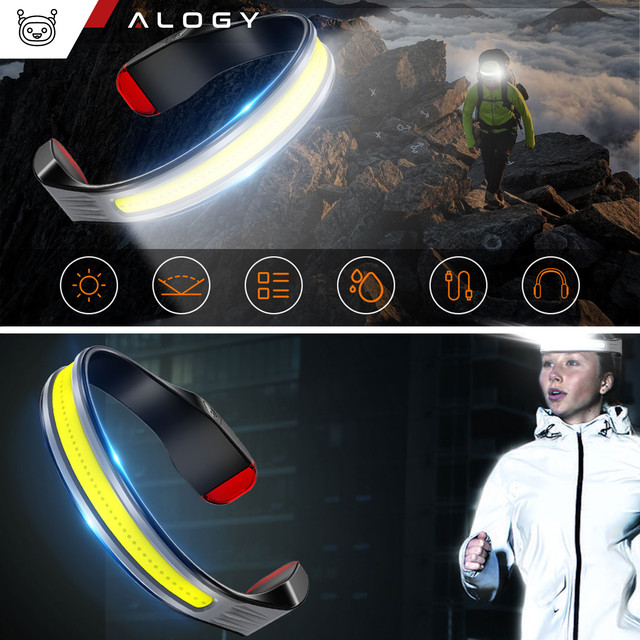 2x COB LED headlamp for running on a bike, powerful, rechargeable, USB Type C, Alogy headlamp, IPX4, black