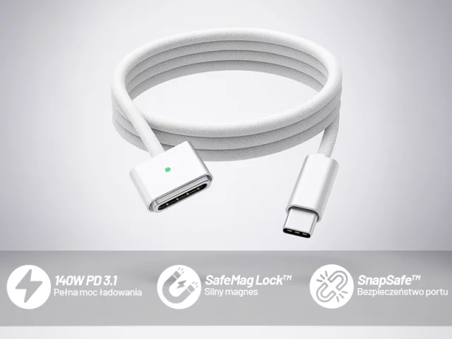 Kabel zasilający USB-C do MagSafe 3 – szybkie ładowanie 140W, przewód 2 m, do Apple MacBook, wytrzymały i bezpieczny – Alogy PowerLink™ Biały