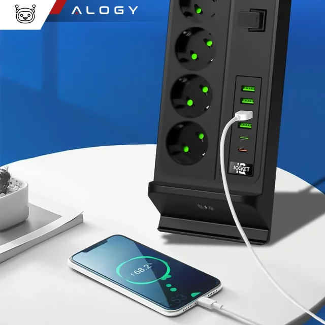 Rozgałęźnik gniazdka Alogy Plug Extender rozdzielacz adapter przedłużacz 3m z ładowarką Qi indukcyjną 4x wtyczka EU + 4x USB + 2x USB-C Czarny