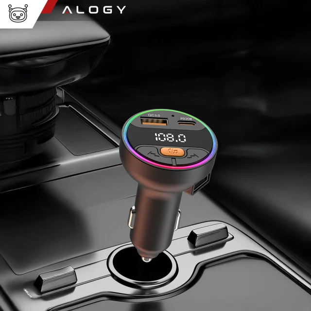 Transmiter samochodowy z Ładowarką Alogy PowerTune USB-A USB-C szybkie ładowanie PowerDelivery PD30W Quick Charge QC3.0 Czarny