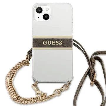 Guess GUHCP13SKC4GBGO iPhone 13 mini 5,4" průhledný pevný obal 4G hnědý řemínek zlatý řetízek