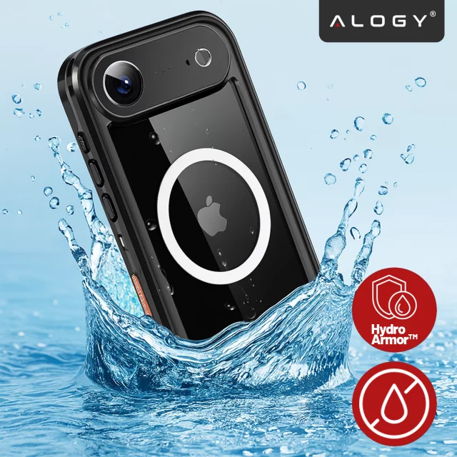 Kryt Alogy HydroArmor™ IP68 pro Apple iPhone 17 Air 6,6", 360° pancéřovaný kryt s průhlednou zadní stranou, kompatibilní s MagSafe, černý