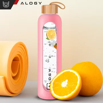 Alogy Large Glass Bottle Drinking Bottle Motivational Measuring Cup 1l 1000ml Silicone Case Pink
