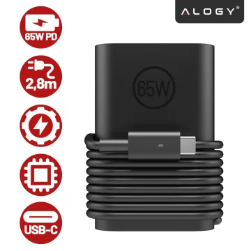Zasilacz USB-C 65W PD do Laptopów HP Lenovo Asus Apple, Szybkie Ładowanie 20V 3.25A, Długi Kabel 2.8m, Kompaktowy i Wydajny, Alogy PowerBoost™ – Czarny