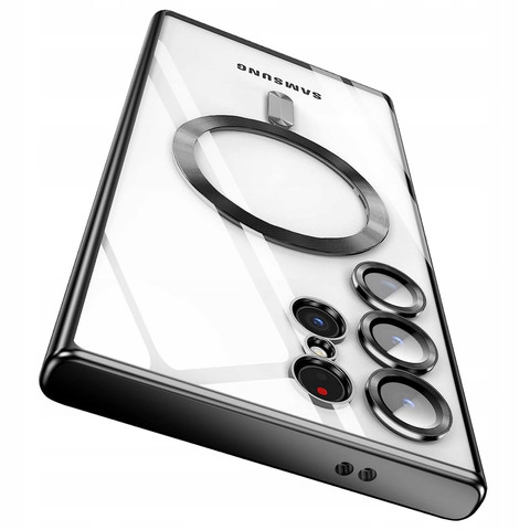 Case for Samsung Galaxy S24 Ultra Mag Safe Glamor Case Ring Housing Camera Protection Alogy Black Transparent Glass