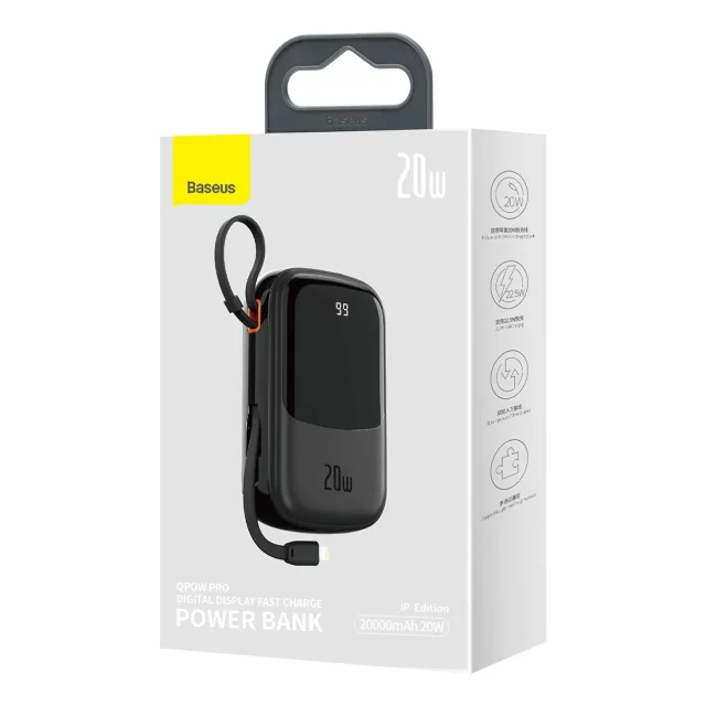 Powerbank mit Schnellladefunktion Baseus Qpow Digital Display 20000mAh 20W QC/PD/SCP/FCP mit integriertem Lightning-Kabel schwarz