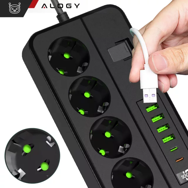 Rozgałęźnik gniazdka Alogy Plug Extender rozdzielacz adapter przedłużacz 3m z ładowarką Qi indukcyjną 4x wtyczka EU + 4x USB + 2x USB-C Czarny