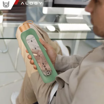 Velká skleněná láhev, láhev na pití Alogy Motivační odměrka 1l 1000ml, silikonové pouzdro Olive