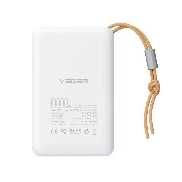 Powerbank Bateria zewnętrzna VEGER MagOn z ładowaniem Qi do MagSafe 15W - 10 000mAh PD 22,5W biały (VP1151 / W1151)