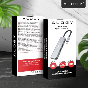 Hub 5w1 USB-C do USB-C PD100W, USB-C, USB.A 2.0, USB.A 3.0, HDMI 4K 30Hz / 1080p 60Hz – Alogy MultiHub™ Do Notebooka Laptopa