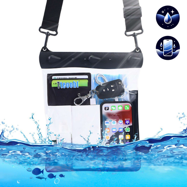 Wasserdichte Hülle für Telefon, 7,2 Zoll, Tasche mit Schultergurt, universell, groß, wasserdicht, 23 x 25 cm, Schwarz
