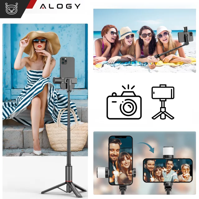Selfie tyč Bluetooth stick Alogy Tripod Držák telefonu na stativ na fotografie s dálkovým ovládáním 75,8 cm černý