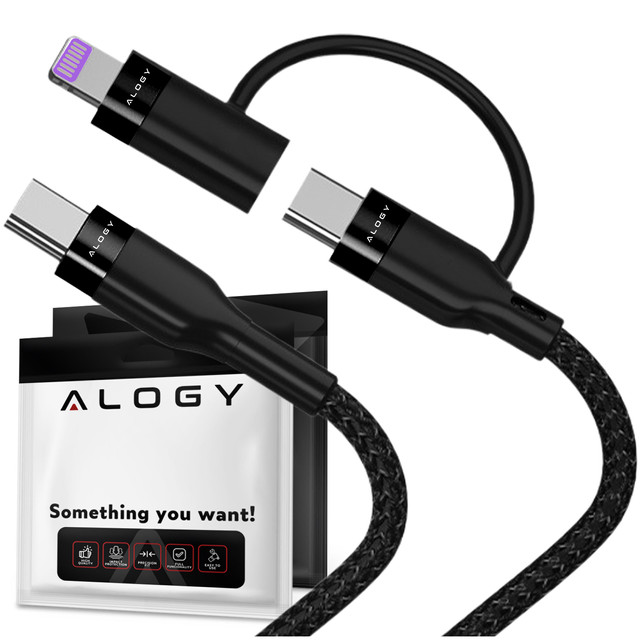 Alogy 2in1 USB-C auf Lightning PowerDelivery Kabel für Apple iPhone PD 60W 100cm Schwarz