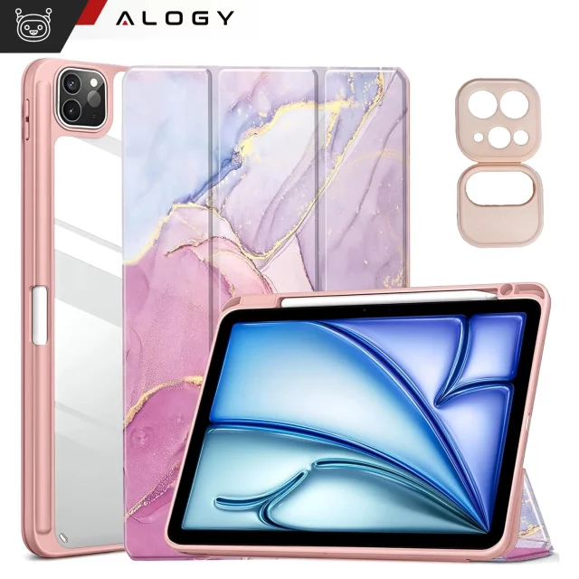 Etui hybrydowe z miejscem na rysik do Apple iPad Air 11" (2024,2025) / Air 10.9" (2020,2022) / Pro 11 (2018) Alogy Hybrid Book Cover Case Marble Różowe + Szkło