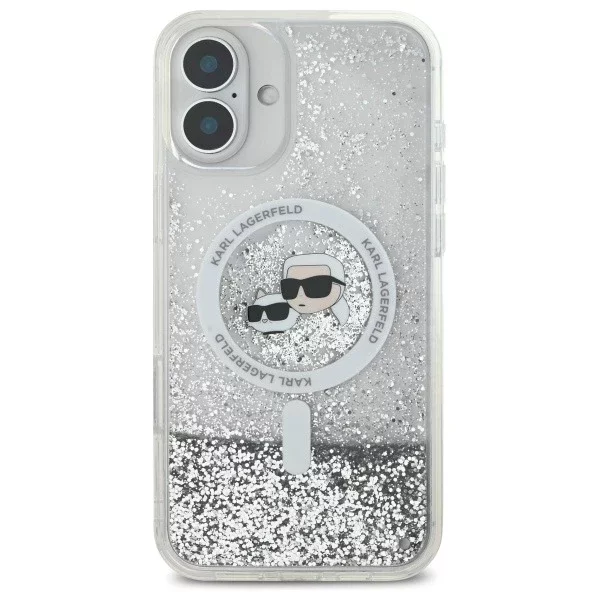 Etui Karl Lagerfeld do iPhone 16 Plus 6.7" Magsafe Hardcase Transparent Liquid Glitter Karl&Choupette Head