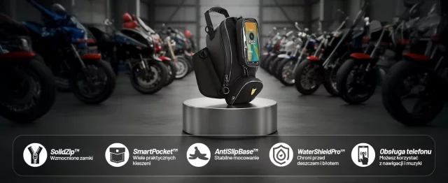 Motorradtasche mit abnehmbarer Handyhülle, wasserdichte Motorradtasche mit Fächern und Tankhalterung, geräumig und robust, MotoRider™ – Schwarz