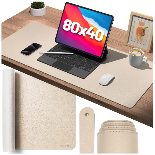 Desk pad 80×40 cm – anti-slip protective mat made of elegant PU eco-leather, for mouse and keyboard, stylish and durable – Alogy WorkMat™ Beige
