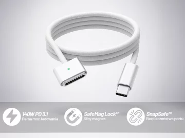 Kabel zasilający USB-C do MagSafe 3 – szybkie ładowanie 140W, przewód 2 m, do Apple MacBook, wytrzymały i bezpieczny – Alogy PowerLink™ Biały