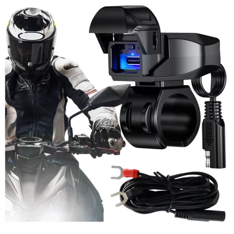 Kewig USB-C Motorradladegerät 36W, QC-Schnellladung, wasserdicht (IP65) mit Ein-/Ausschalter und LED-Hintergrundbeleuchtung, Lenkerhalterung, für Handy, Kamera und Gegensprechanlage – Schwarz