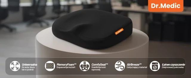 Ergonomický kancelářský sedák DR.MEDIC ComfySeat™ s oporou kostrče pro kancelářskou židli v autě, černý