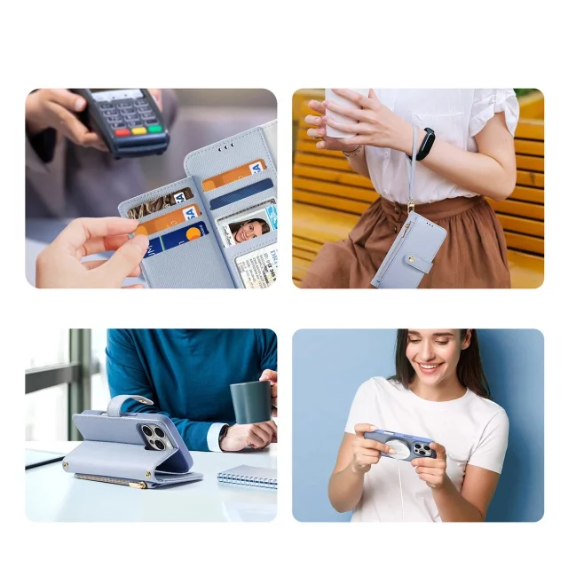 Kožené pouzdro Dux Ducis Lawa na iPhone 16 Pro s modrou peněženkou MagSafe