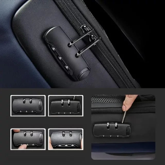 Voděodolný batoh Bange s ochranou proti krádeži na 15,6" notebook, cestování po městě, 48x30x16 cm, do práce, do letadla, pánský, dámský, s USB portem a kombinačním zámkem, tmavě modrý