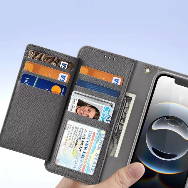 Kožený kryt Dux Ducis Lawa s peněženkou MagSafe pro iPhone 16e, šedý