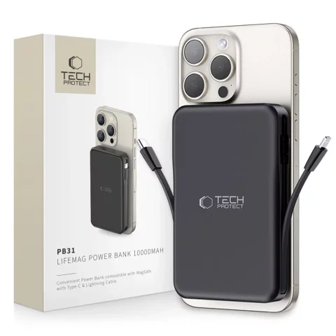 Magnetische Powerbank mit Kabel PB31 Lifemag Magsafe Power Bank 10000 mAh (Typ C Lightning) Schwarz
