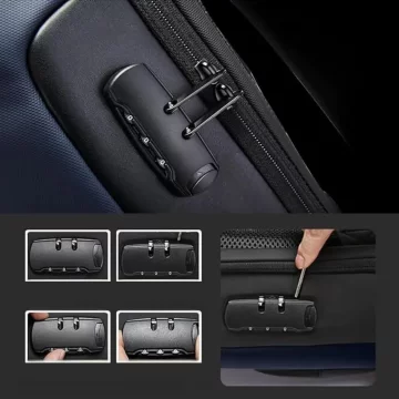 Voděodolný batoh Bange s ochranou proti krádeži na 15,6" notebook, cestování po městě, 48x30x16 cm, do práce, do letadla, pánský, dámský, s USB portem a kombinačním zámkem, tmavě modrý