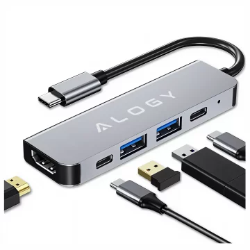Hub 5w1 USB-C do USB-C PD100W, USB-C, USB.A 2.0, USB.A 3.0, HDMI 4K 30Hz / 1080p 60Hz – Alogy MultiHub™ Do Notebooka Laptopa