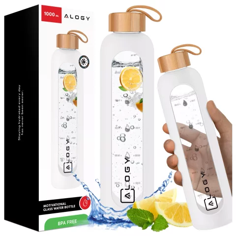 Alogy Large Glass Bottle Drinking Bottle Motivational Measuring Cup 1l 1000ml Silicone Case White