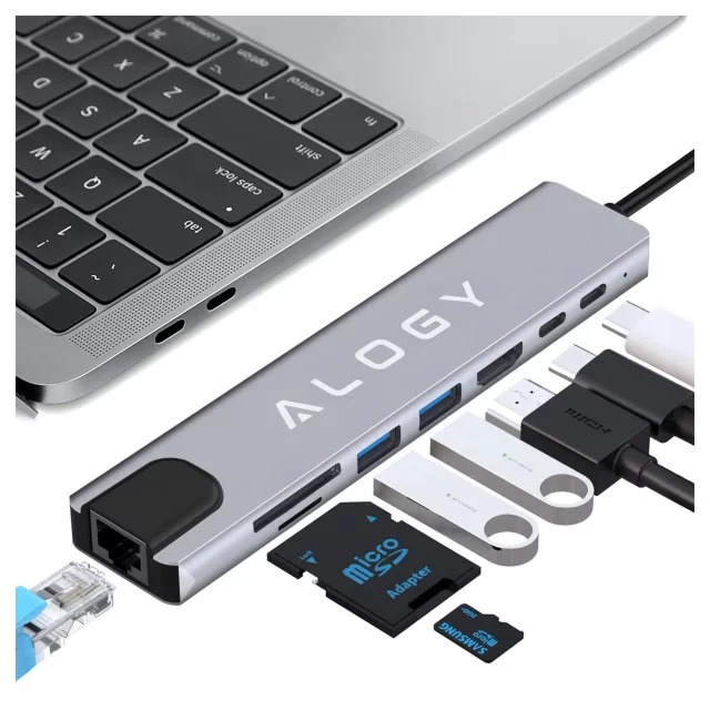 Hub 8v1 USB-C na 2xA 2xC HDMI SD Micro LAN 100mb – Alogy MultiHub™ pro notebooky