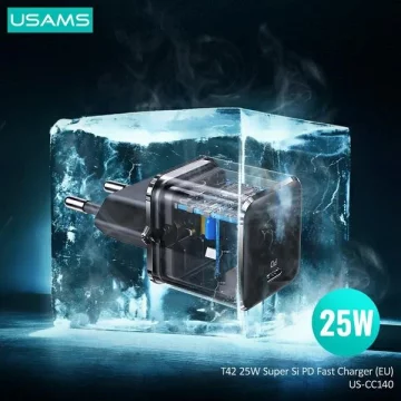 USAMS Ładowarka sieciowa 1x USB-C T42 mini 25W (only head) Super SI 5V-3A PD3.0 Fast Charging czarny/black CC140TC01 (US-CC140)