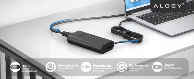 Zasilacz USB-C 65W PD do Laptopów HP Lenovo Asus Apple, Szybkie Ładowanie 20V 3.25A, Długi Kabel 2.8m, Kompaktowy i Wydajny, Alogy PowerBoost™ – Czarny