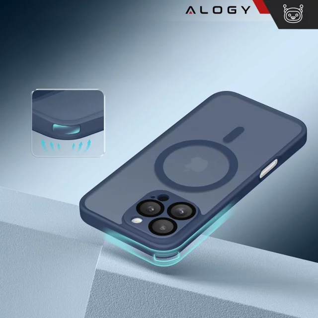 Sada 3 v 1 hybridních skleněných pouzder pro Apple iPhone 16 Pro Max, ochranné pouzdro Hybrid MagSafe s ochranou čočky, 2x tvrzené skleněné pouzdro na telefon Alogy 3 v 1, tmavě modrá