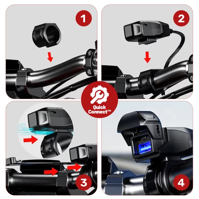 Ładowarka Motocyklowa Kewig USB-A 18W, Szybkie Ładowanie QC, Wodoodporna IP65 z Wyłącznikiem i Podświetleniem LED, Montaż na Kierownicy, do Telefonu, Kamerki, Interkomu – Czarna