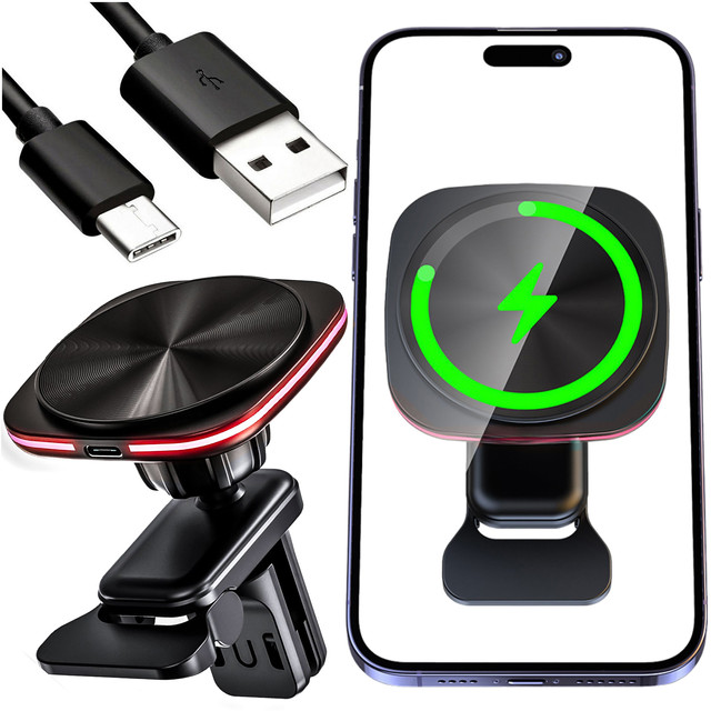 Uchwyt samochodowy na kratkę z ładowarką Mag Safe 15w do iPhone LED PD QC 3.0 do kratki wentylacyjnej auta Alogy czarny