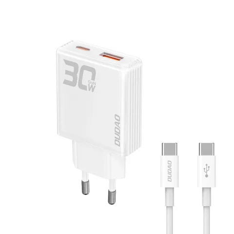 Ładowarka sieciowa GaN Dudao A30EUT 30W USB-A / USB-C + kabel USB-C - USB-C - Biała