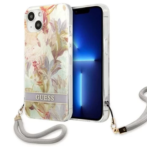 Guess GUHCP13SHFLSU iPhone 13 mini 5,4" fioletowy/fialové pevné pouzdro Flower Strap